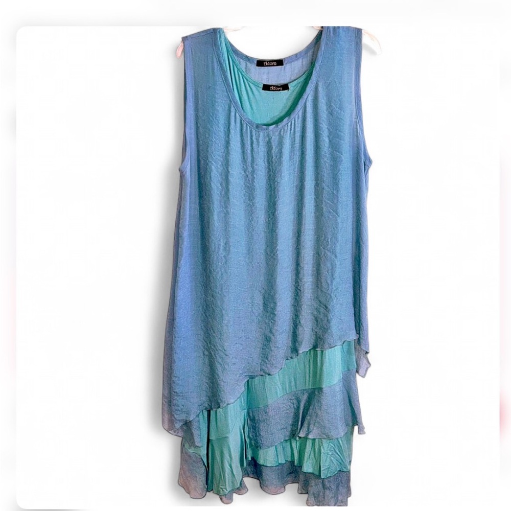 Adorn Lagenlook Layered Dress Set 2XL Blue Teal Crinkle Boho Coastal Hi-Lo Art